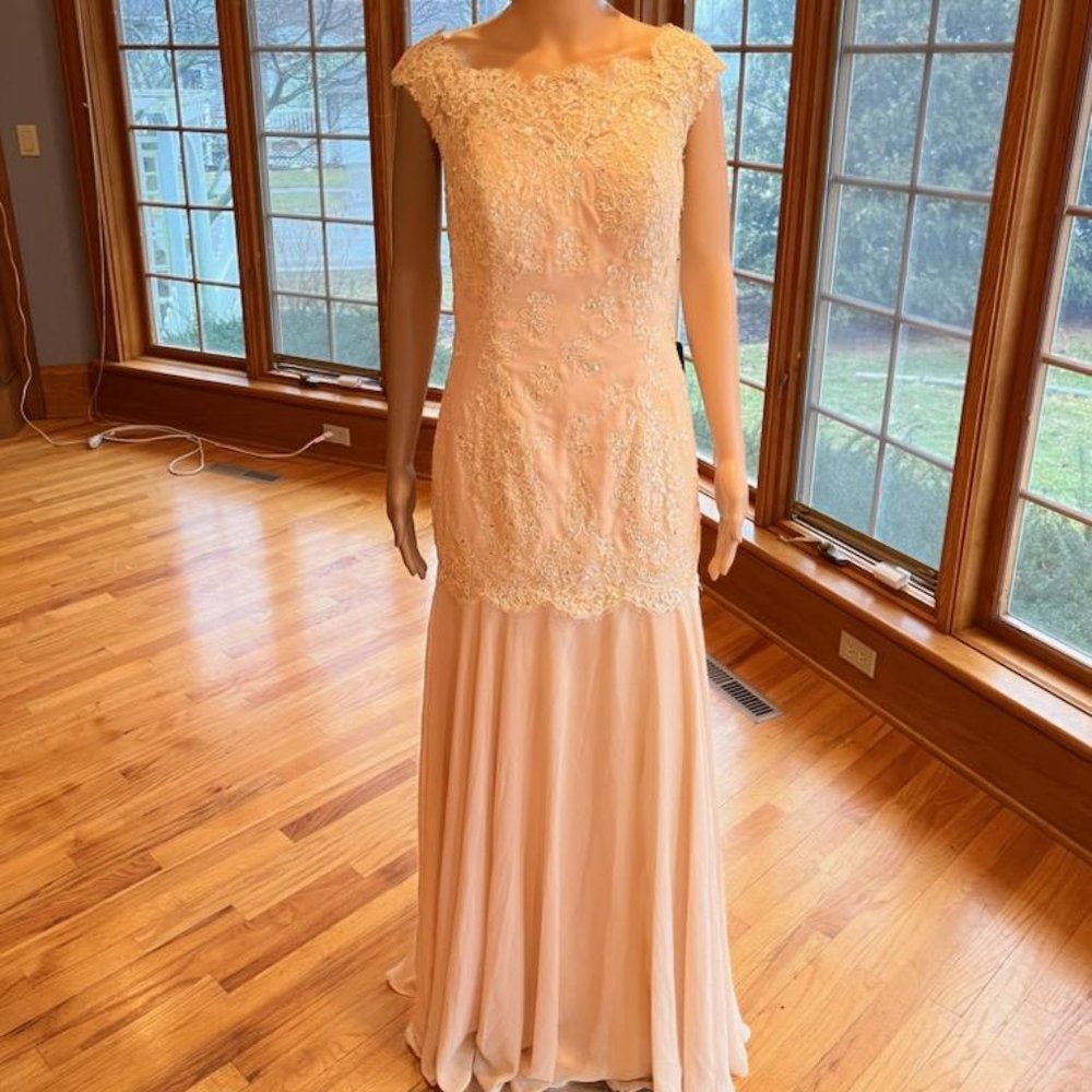 *IZIdress Tan Beaded Lace Chiffon 20's Look Wedding Dress Bridal Gown Size 12 14